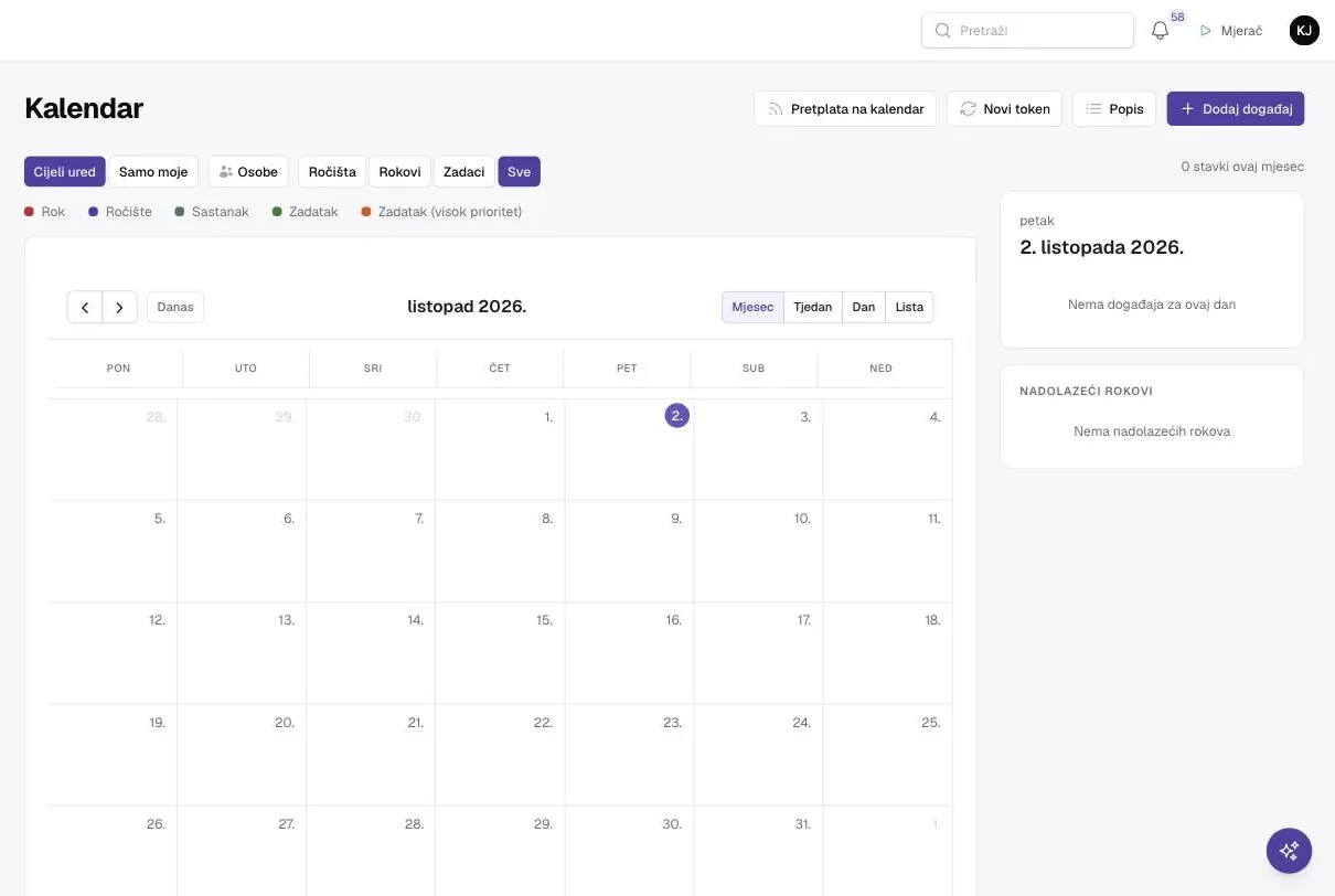 Kalendar: gore gumbi Pretplata na kalendar, Novi token, Popis i Dodaj događaj; filtri Cijeli ured, Samo moje, Osobe te Ročišta, Rokovi, Zadaci, Sve; legenda boja Rok, Ročište, Sastanak, Zadatak, Zadatak (visok prioritet); mjesečni prikaz s prekidačem Mjesec / Tjedan / Dan / Lista; desno odabrani dan i Nadolazeći rokovi.