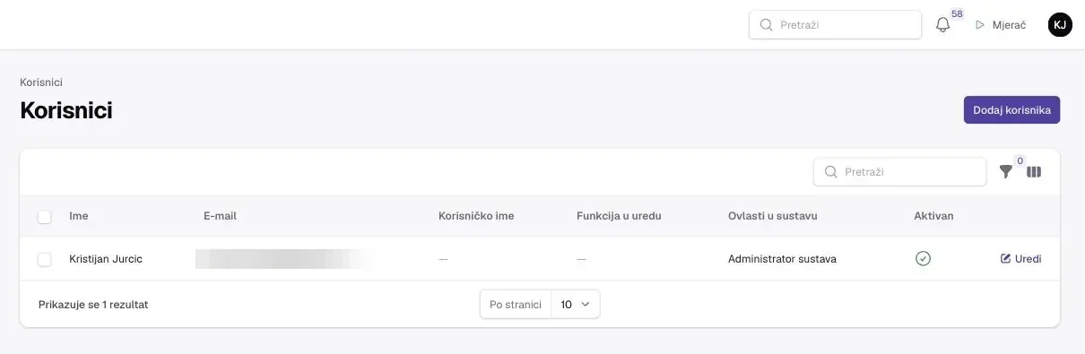 Popis Korisnici s gumbom Dodaj korisnika i stupcima Ime, E-mail, Korisničko ime, Funkcija u uredu, Ovlasti u sustavu (Administrator sustava) i Aktivan.