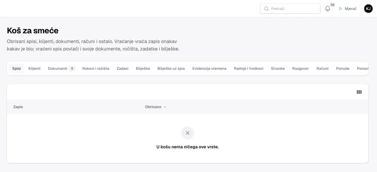 Koš za smeće s karticama Spisi, Klijenti, Dokumenti, Rokovi i ročišta, Zadaci, Bilješke, Bilješke uz spis, Evidencija vremena, Radnje i troškovi, Stranke, Razgovor, Računi, Ponude i dalje; stupci Zapis i Obrisano.