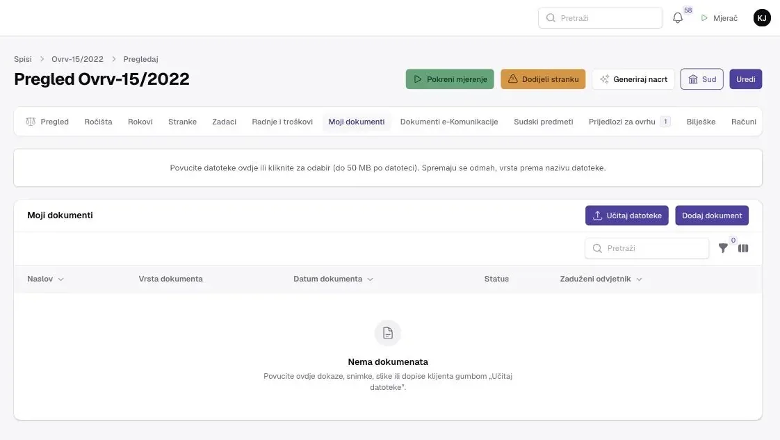 Kartica Moji dokumenti na spisu: gore traka za povlačenje datoteka (do 50 MB po datoteci, vrsta prema nazivu datoteke), gumbi Učitaj datoteke i Dodaj dokument, stupci Naslov, Vrsta dokumenta, Datum dokumenta, Status i Zaduženi odvjetnik.